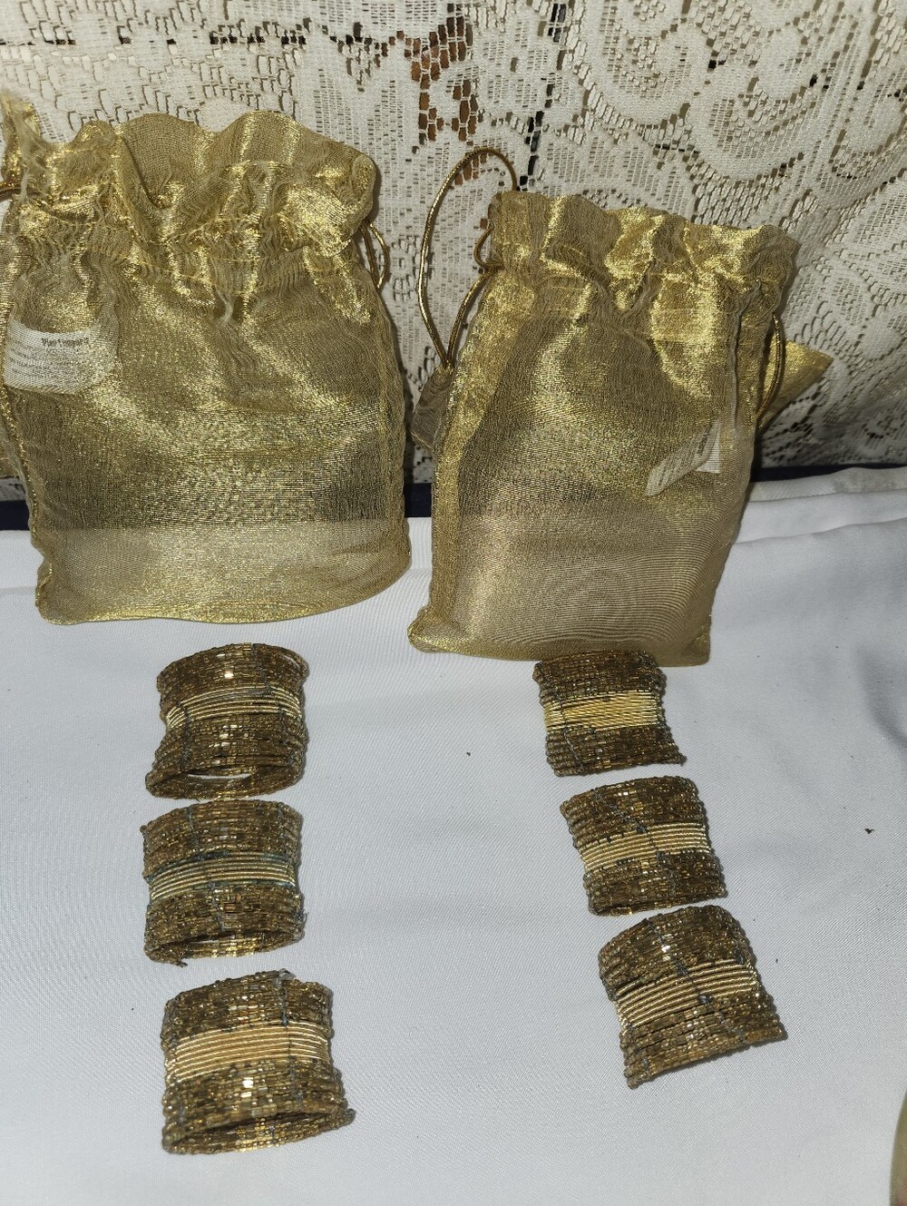 Gold Beaded Napkin Rings with Gold Organza Pouches (Set)